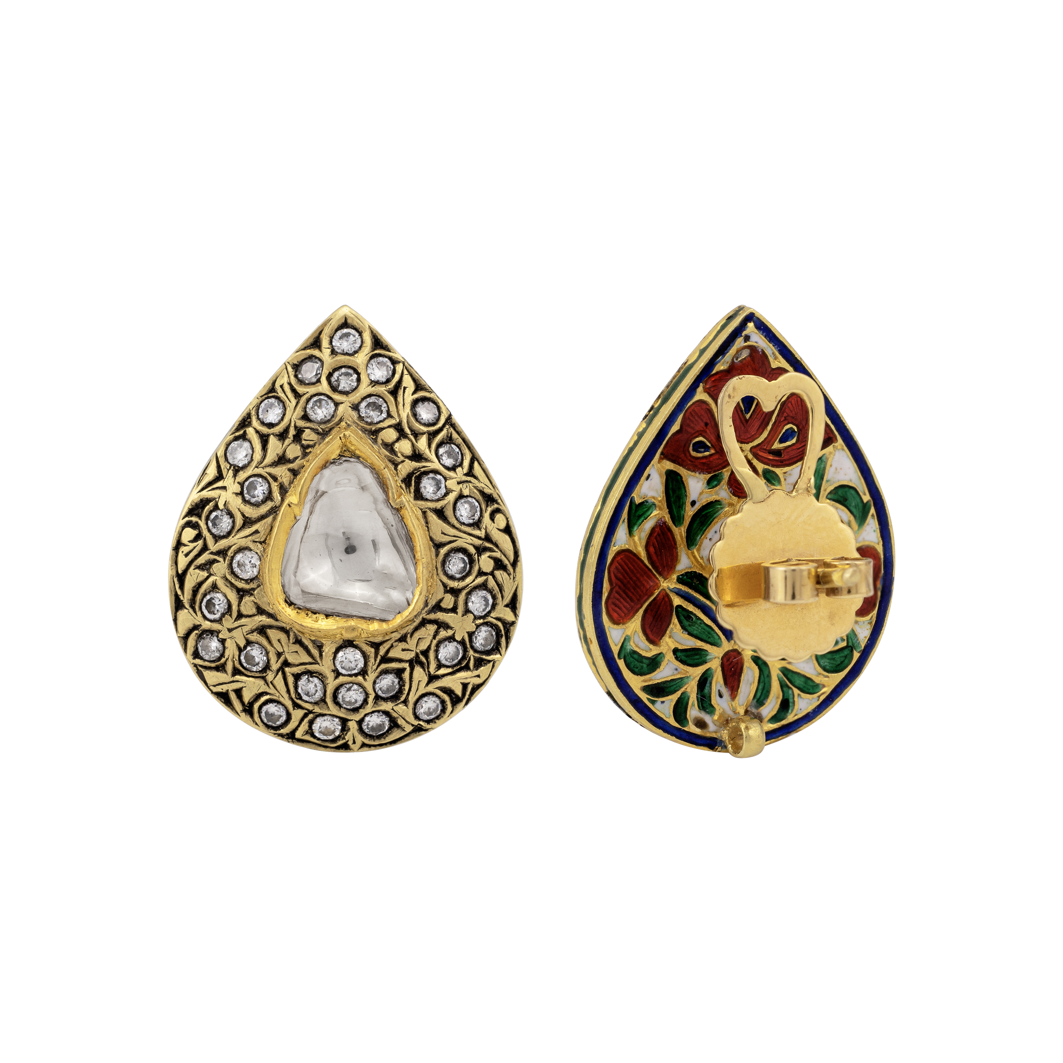Teardrop Polki Studs with Partash Gold Detailing